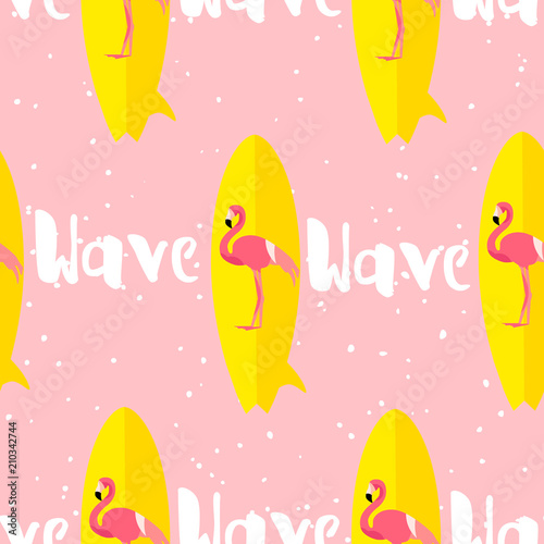 Summer seamless pattern with flamingo, surfboard and text on pink background. Flat design. Vector card.