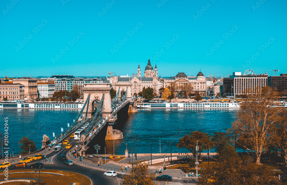 historical budapest overview with roundabout traffic and chain bridge