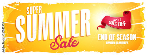 Summer Sale Extra Wide Banner/
Illustration of a wide summer sale template banner with colorul elements, typography and grunge frame