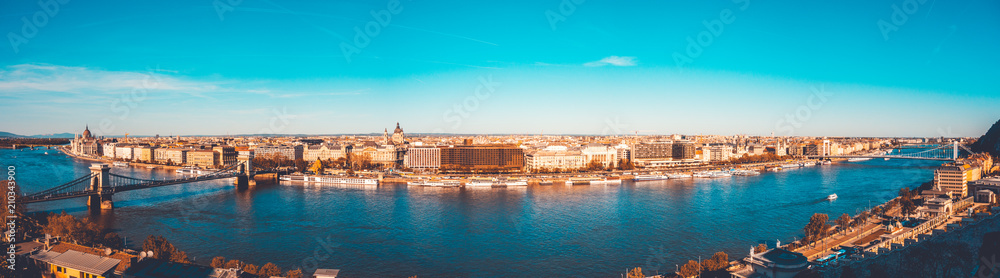 big panorama of the whole danube river overview with chain bridge and parliament