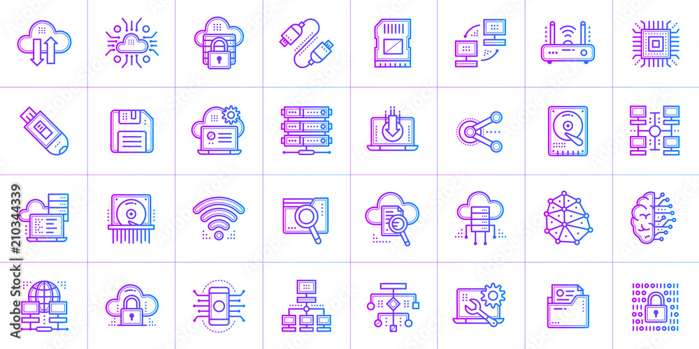 Gradient outline icons set of Cloud computing and internet technology. Suitable for infographics, websites, print media and interfaces