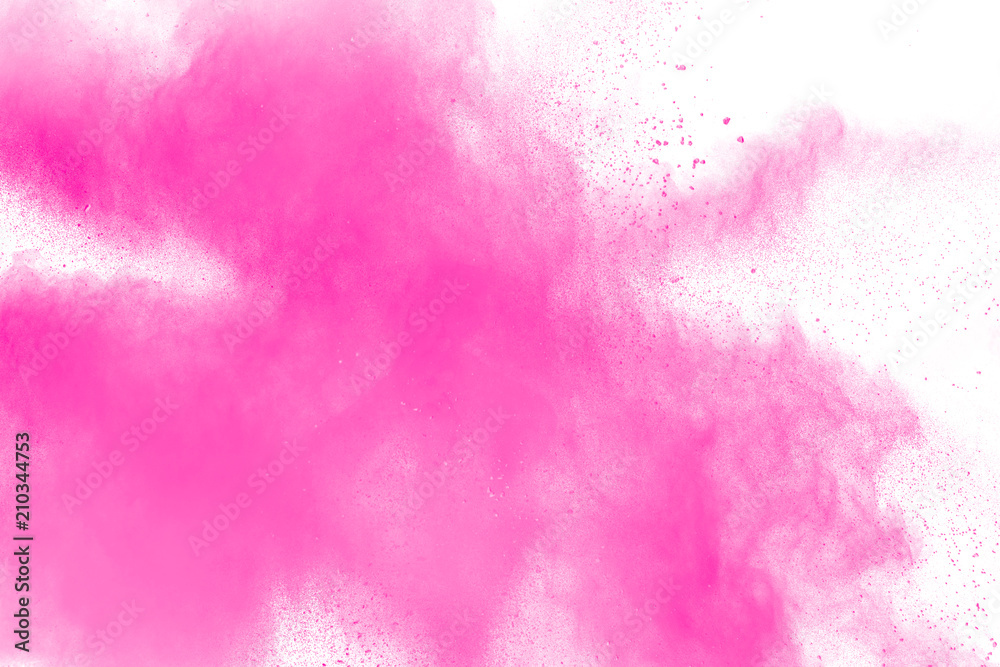 abstract pink powder explosion on white background. Freeze motion of pink dust splattered.
