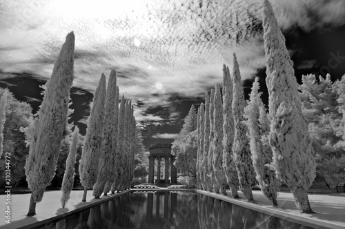 Reflection Pool in Infrared.  Pulgas Water Temple completed in 1934 to commemorate the completion of the Hetch Hetchy Aqueduct bringing water from the Sierra Nevada to Redwood City, California  photo