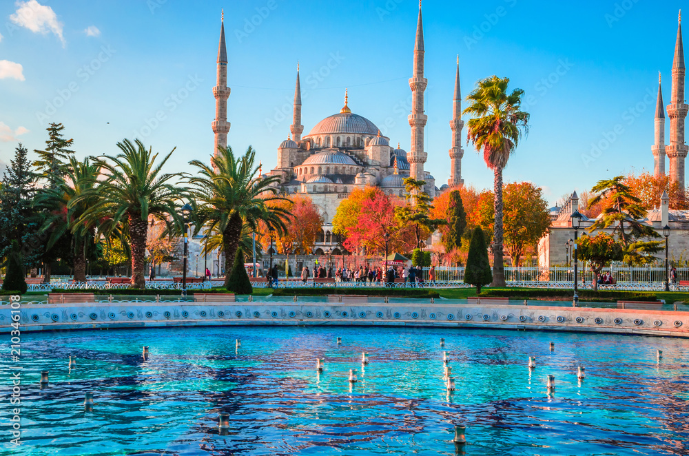 The Blue Mosque, (Sultanahmet Camii), Istanbul, Turkey. - obrazy, fototapety, plakaty 