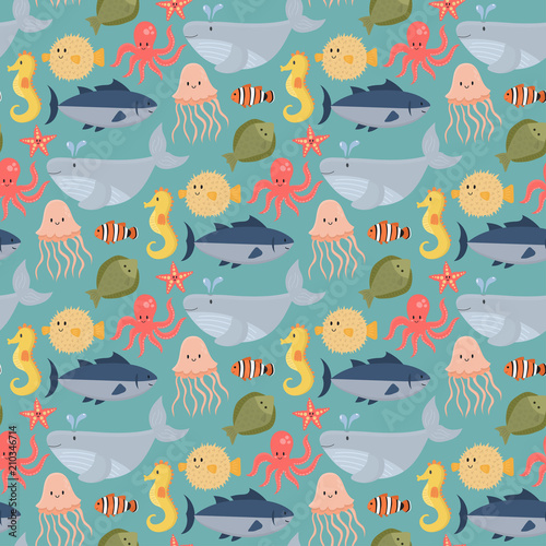 Sea animals vector creatures characters cartoon ocean wildlife marine underwater aquarium life water graphic aquatic tropical beasts seamless pattern background illustration.