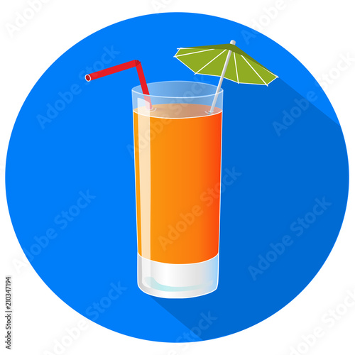 Hand drawn vector illustration of freshly squezed orange juice with long shadow. Bar menu