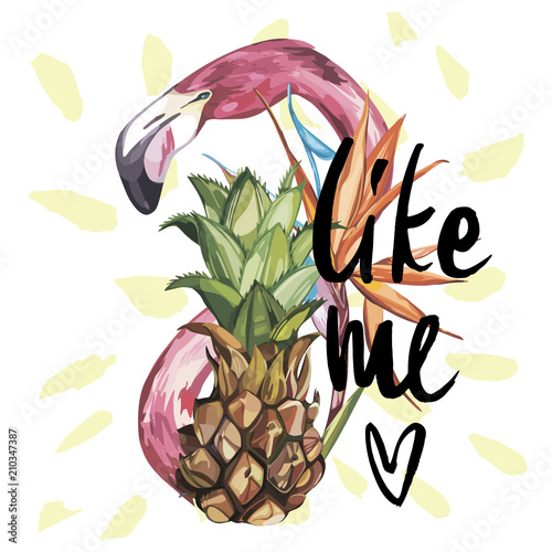 Summer illustration with flamingo. Tropical Bird. Summer Design Vector. T-shirt Fashion Graphic. Hand drawn word - Like me .