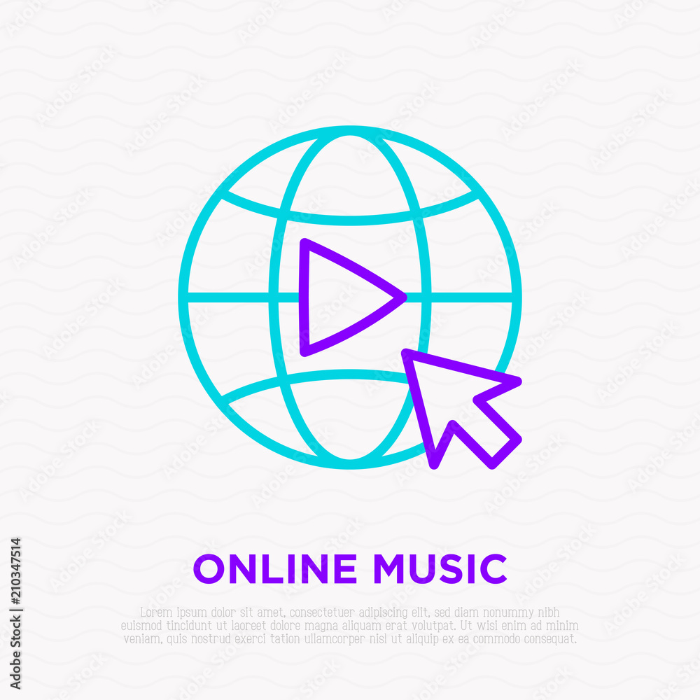 Online music icon: button play on globe. Modern vector illustration. Online music icon: button play on globe. Modern vector illustration.