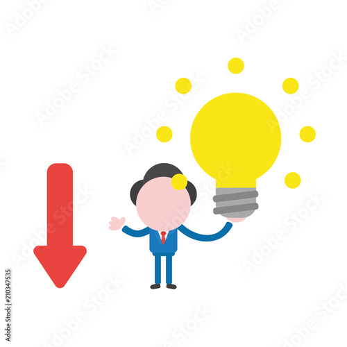 Vector businessman character with arrow moving down and holding glowing light bulb