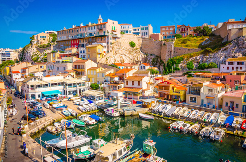 The Vallon des Auffes - fishing haven with small old houses, Marseilles, France photo