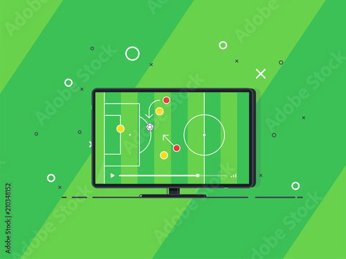 Soccer match on TV set. Playing field on screen. Trendy flat vector illustration. 