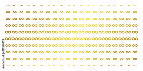 Infinity icon gold colored halftone pattern. Vector infinity shapes are arranged into halftone array with inclined gold color gradient. Designed for backgrounds, covers, templates and bright concepts.