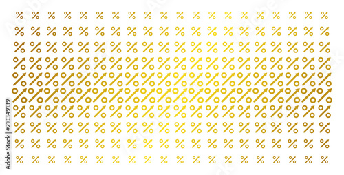 Growing percent icon gold colored halftone pattern. Vector growing percent symbols are organized into halftone matrix with inclined golden gradient. Designed for backgrounds, covers,