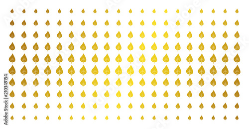 Plant leaf icon golden halftone pattern. Vector plant leaf items are arranged into halftone matrix with inclined golden gradient. Designed for backgrounds, covers, templates and luxury compositions.