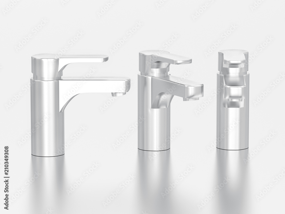 3D illustration three different view of white gold or silver faucet 3D illustration three different view of white gold or silver faucet