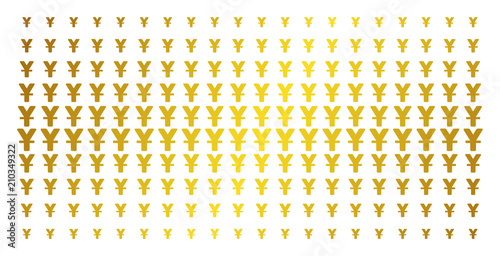 Yuan icon golden halftone pattern. Vector yuan items are arranged into halftone array with inclined gold color gradient. Designed for backgrounds, covers, templates and luxury compositions.