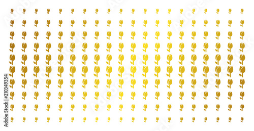 Tulip icon gold colored halftone pattern. Vector tulip pictograms are arranged into halftone array with inclined gold gradient. Constructed for backgrounds, covers, templates and luxury concepts.