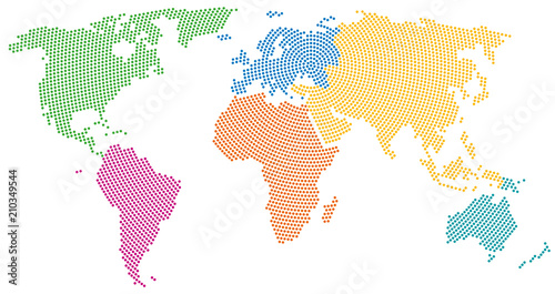 Continents of the world, radial dot pattern, on white background. Colored dots going from the center outwards, forming the silhouette and outline of the Earth. Illustration on white background. Vector