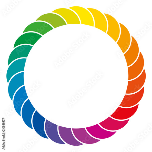 Rainbow colored background. Colorful space and circle made of overlapping segments of the color spectrum, separated through white lines. Isolated. Illustration on white background. Vector.