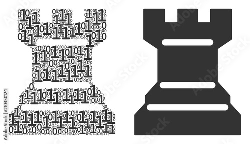 Chess tower collage icon of one and zero digits in random sizes. Vector digital symbols are randomized into chess tower illustration design concept.
