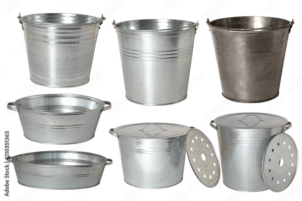 Collection of metal zinc buckets and bowls isolated over white background, set of seven objects Collection of metal zinc buckets and bowls isolated over white background, set of seven objects