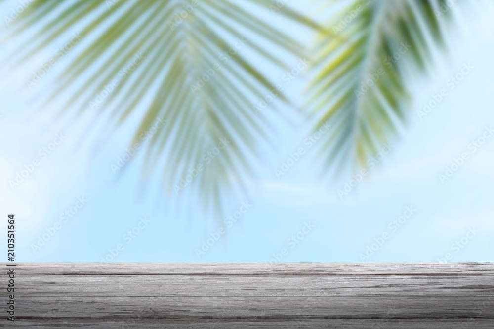 background coconut and wood plank, coconut palm tree background blurred and slats wooden texture floor plank table empty background coconut and wood plank, coconut palm tree background blurred and slats wooden texture floor plank table empty