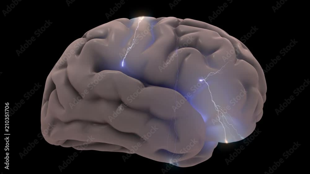 Brain with electrical activity.
Human brain with glows and electric sparks. Loops.
