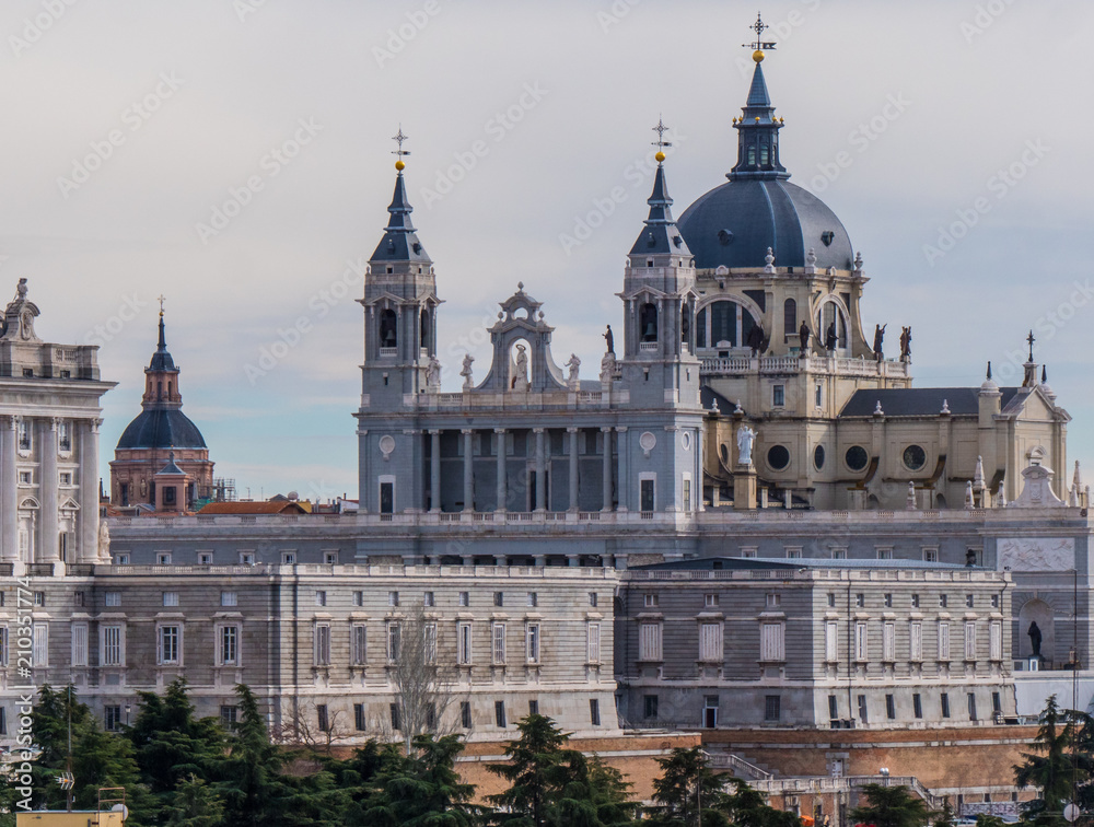 Distant view over Royal Palace in Madrid - the famous Palacio Real