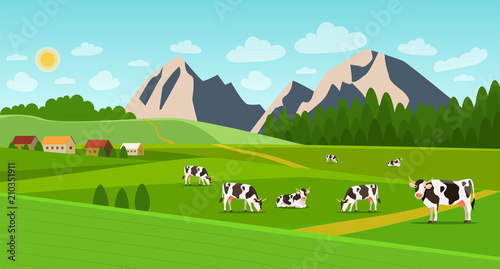 Summer landscape with village and herd of cows on the field. Vector flat style illustration