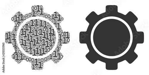 Gear composition icon of one and zero digits in various sizes. Vector digital symbols are organized into gear collage design concept.