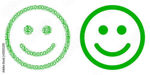 Glad smiley mosaic icon of one and zero digits in various sizes. Vector digit symbols are randomized into glad smiley illustration design concept.