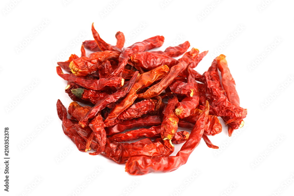 Dried red chili heap, Chilli red Spicy hot flavor, Chilli dry on white background Dried red chili heap, Chilli red Spicy hot flavor, Chilli dry on white background