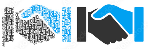 Handshake mosaic icon of zero and null digits in randomized sizes. Vector digit symbols are grouped into handshake collage design concept.