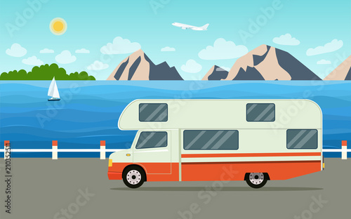 Trailers caravan on weekend holiday. Summer sea landscape.Vector flat style illustration