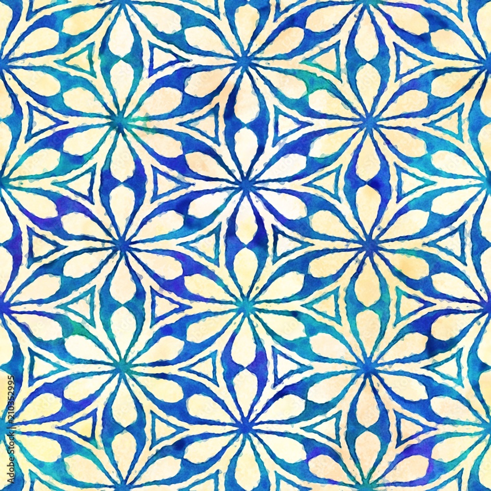 Native batik seamless watercolor artistic boho style colorful square pattern.