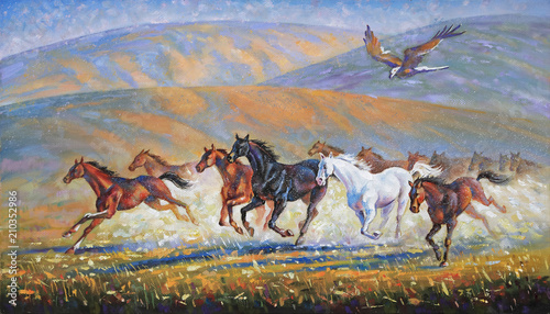 A large eagle over the running herd of horses. Painting: canvas, oil. Author: Nikolay Sivenkov.