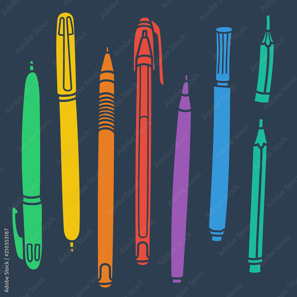 Sketchy Doodles Set of Writing and Drawing Utensils, Tools, Supplies for school and office: pen, pencil, felt pen. Cartoon vector eps 10 illustration on white background. Flat colors Sketchy Doodles Set of Writing and Drawing Utensils, Tools, Supplies for school and office: pen, pencil, felt pen. Cartoon vector eps 10 illustration on white background. Flat colors
