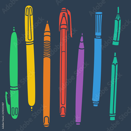 Sketchy Doodles Set of Writing and Drawing Utensils, Tools, Supplies for school and office: pen, pencil, felt pen. Cartoon vector eps 10 illustration on white background. Flat colors