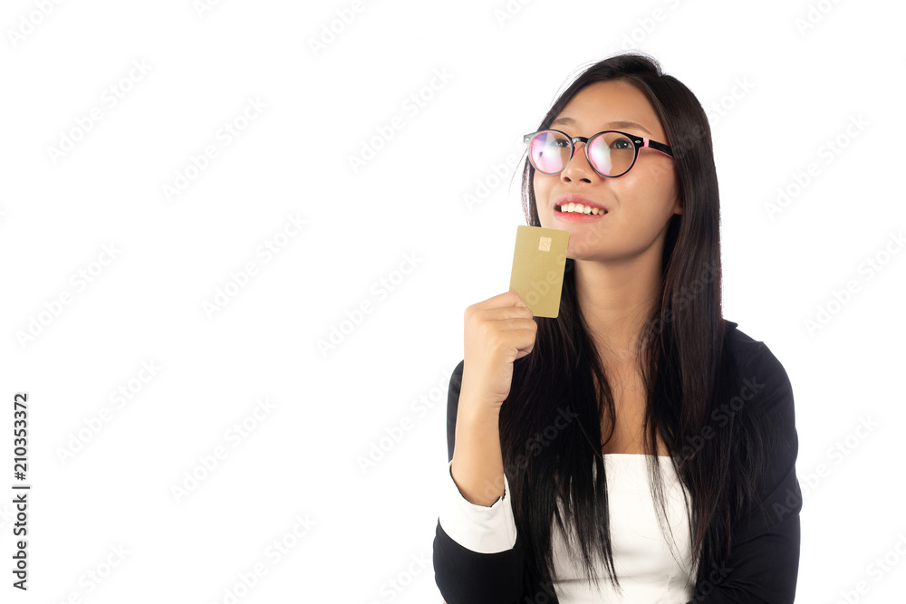 Businesswoman in suit holding showing business smart card isolated on white background. Businesswoman in suit holding showing business smart card isolated on white background.