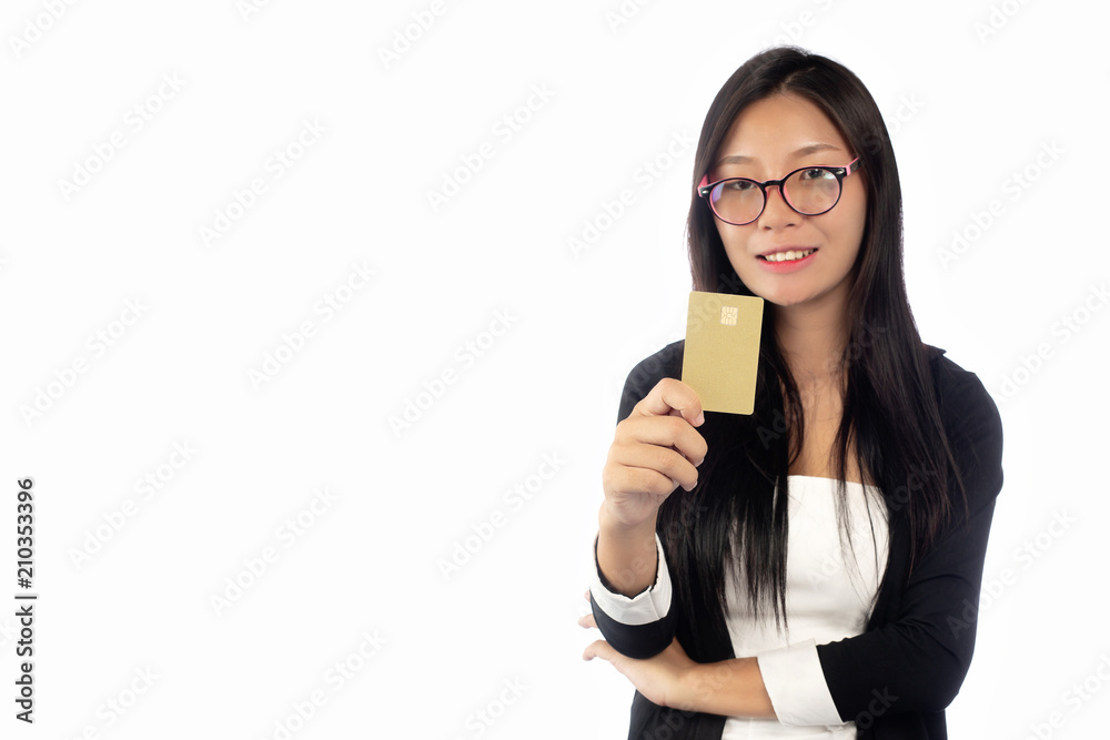 Businesswoman in suit holding showing business smart card isolated on white background.