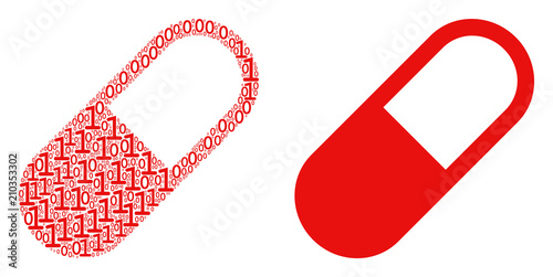 Medication granule collage icon of zero and one symbols in variable sizes. Vector digit symbols are composed into medication granule composition design concept.