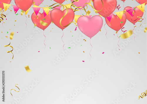 Red and pink Heart balloons  isolated on  transparent background. Flying latex ballons. Vector illustration.