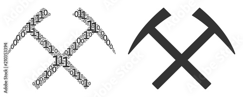Mining hammers composition icon of one and zero digits in randomized sizes. Vector digit symbols are grouped into mining hammers composition design concept.