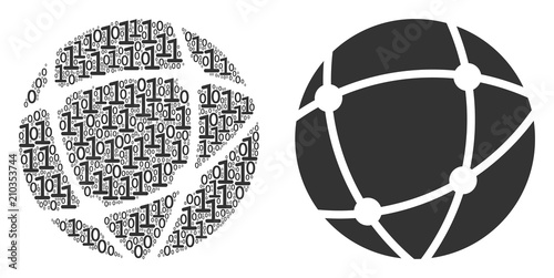 Network composition icon of zero and one symbols in various sizes. Vector digits are grouped into network collage design concept.