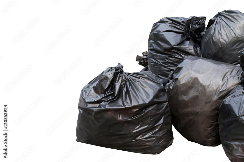 waste, black garbage bags plastic pile stack isolated on white background