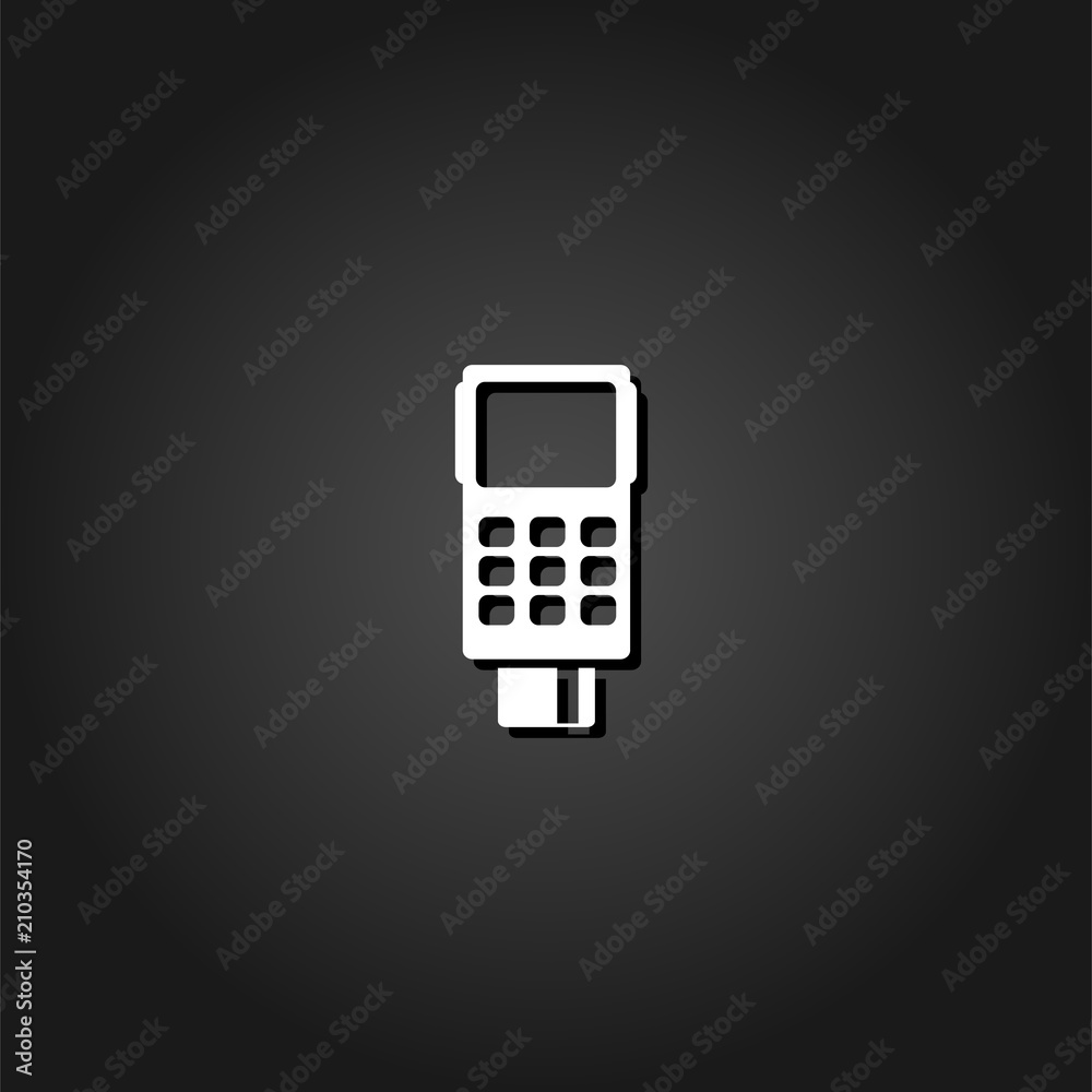 Credit card terminal icon flat. Simple White pictogram on black background with shadow. Vector illustration symbol Credit card terminal icon flat. Simple White pictogram on black background with shadow. Vector illustration symbol