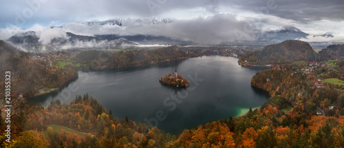 Bled, Slovenia - aerial view of Lake Bled and Pilgrimage Church of the Assumption of Maria, autumn scenic landscape