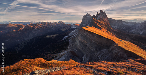 Dolomites beautiful landscape. Spectacular Views from Seceda over the Odle mountains. © Valeriy
