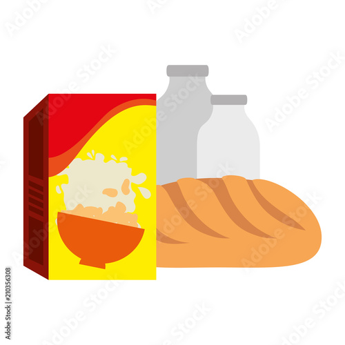 cereal box with bread and milk bottle vector illustration design