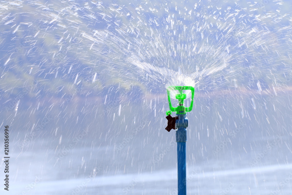 sprinkler water automatic in garden for watering grass - obrazy, fototapety, plakaty 